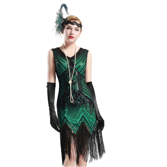 Black and Green glass beaded Fringe Flapper Dress - Picture 2 of 8